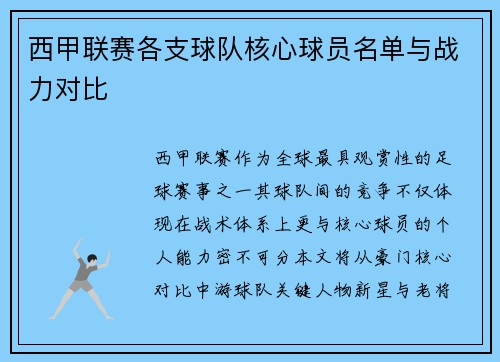 西甲联赛各支球队核心球员名单与战力对比